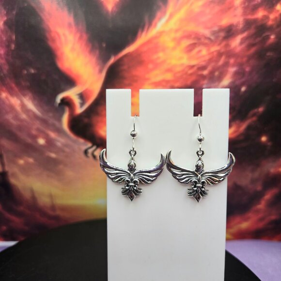 Phoenix with Fleur De Lis Sterling Silver Pendant and Earrings - Picture 5 of 10